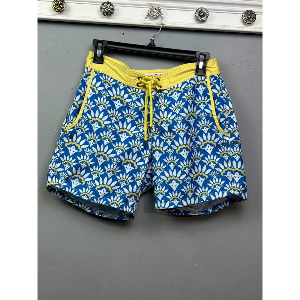 Mr Swim Swim Trunks Mens 28 Blue Yellow Geometric Floral Board Shorts Lace Up